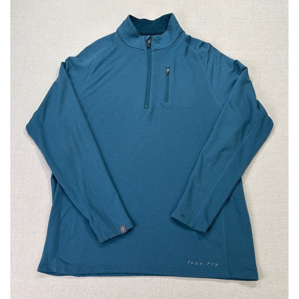 Free Fly Mens Large Bamboo Performance Quarter Zip Pullover Teal Blue Fishing